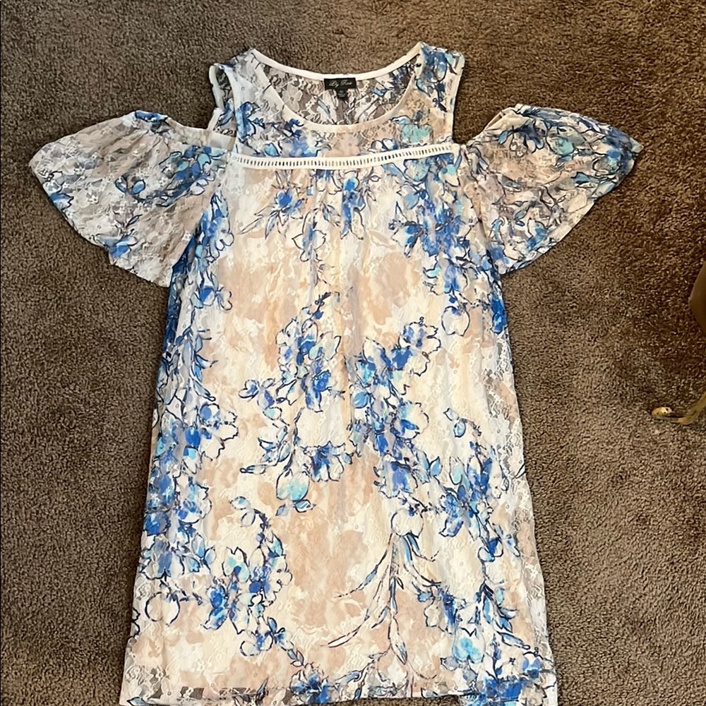 Lily Rose Blue and White Cut Out Ruffled Sheath Dress